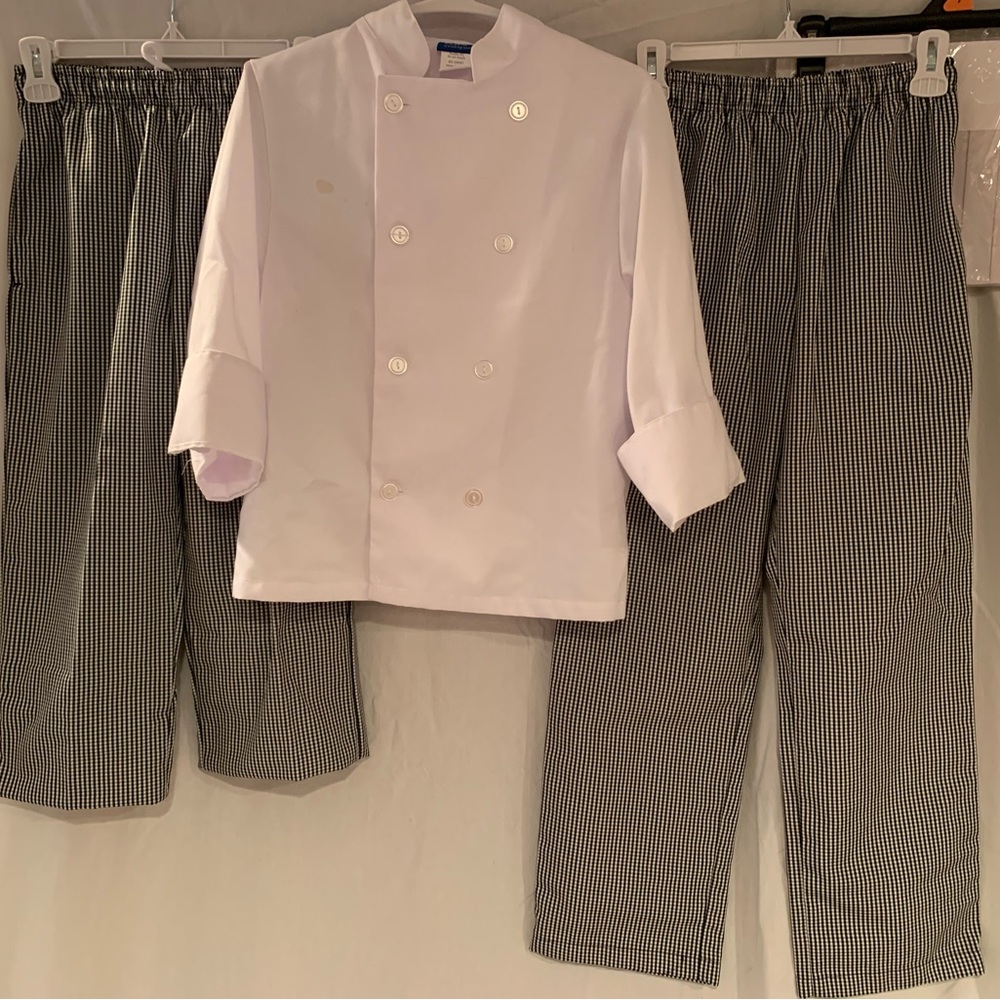 Youth Chef Coat L and two pairs youth chef pants M & L